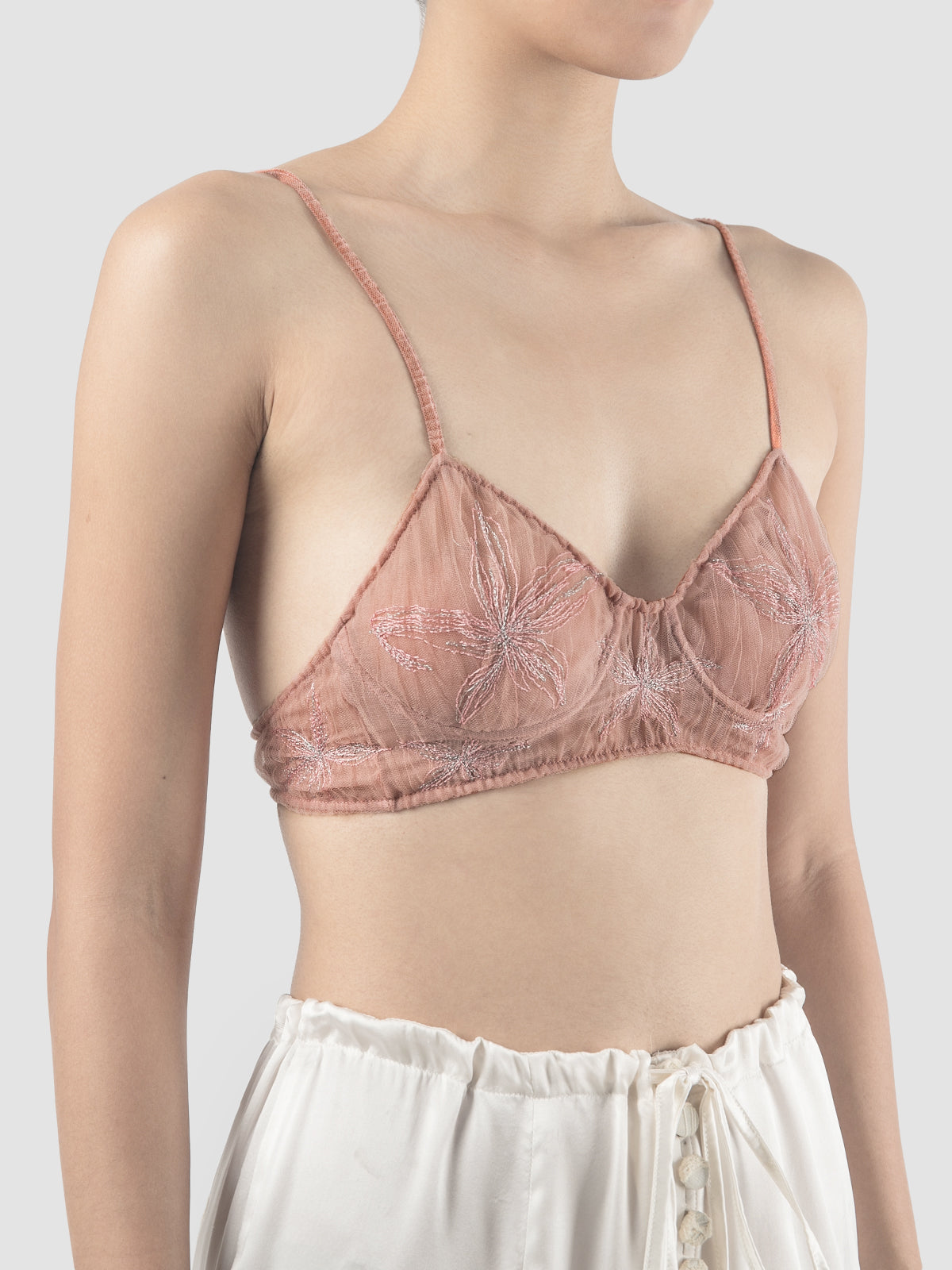 Gorden sheer pink bralette with pink-silver embroidery – PILLAR