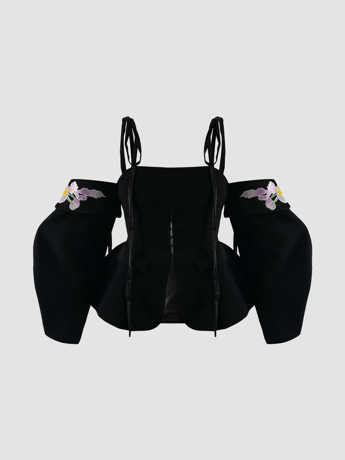 Black tailored top with embroidered balloon sleeves