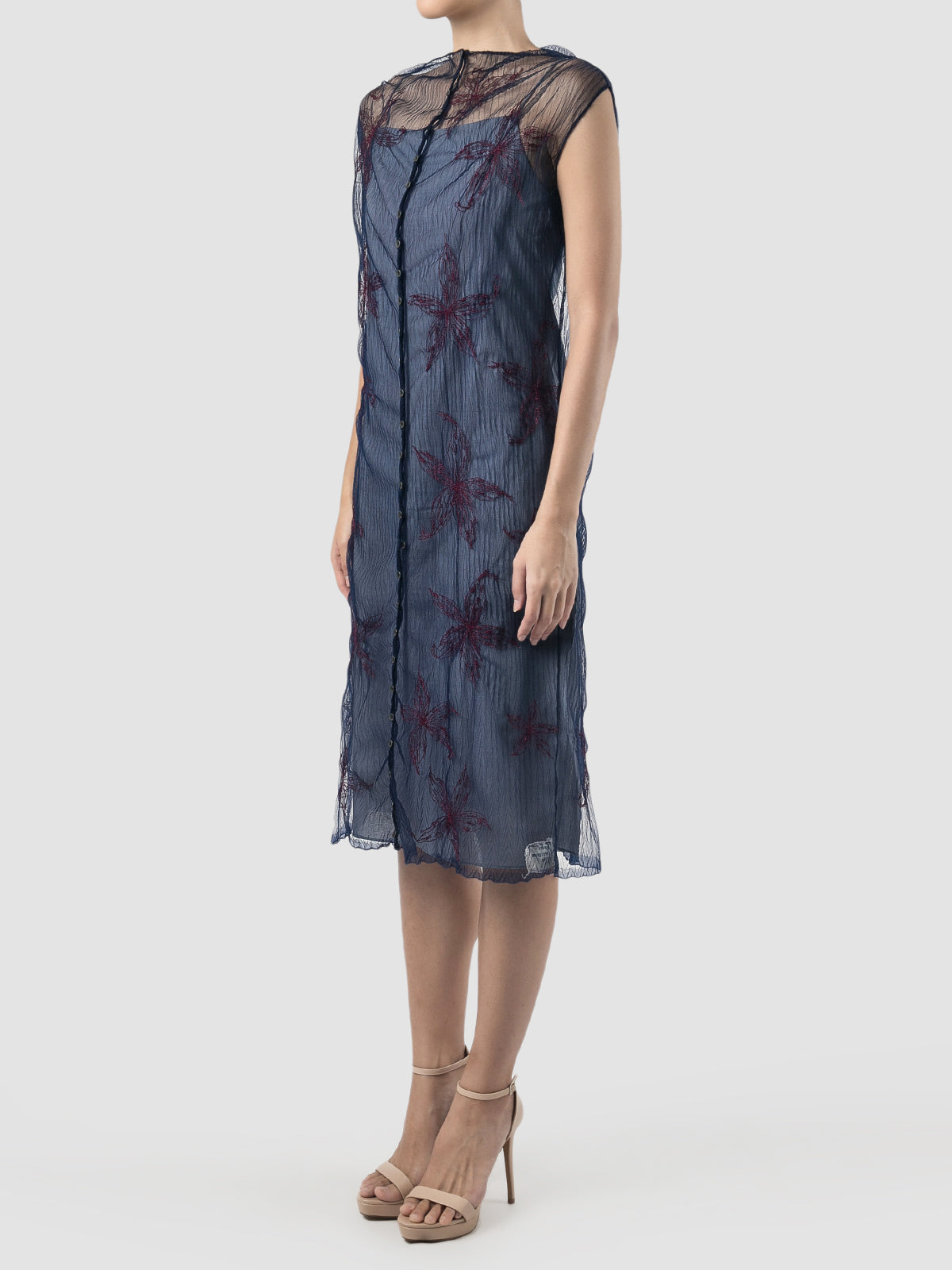 Cobalt blue Gorden Cheongsam midi dress with red embroidery