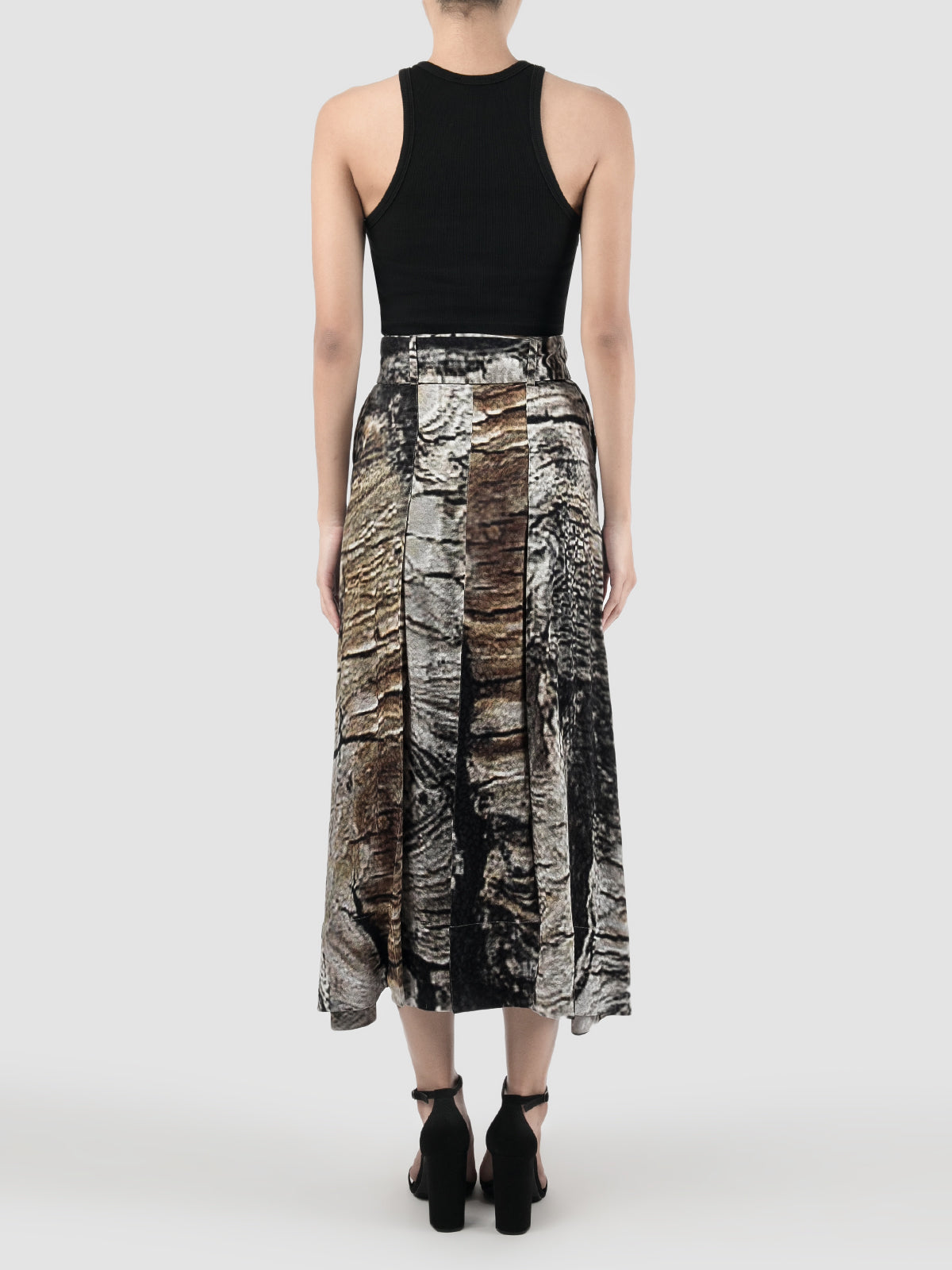 Bark Print Pleated Cupro Belted Skirt
