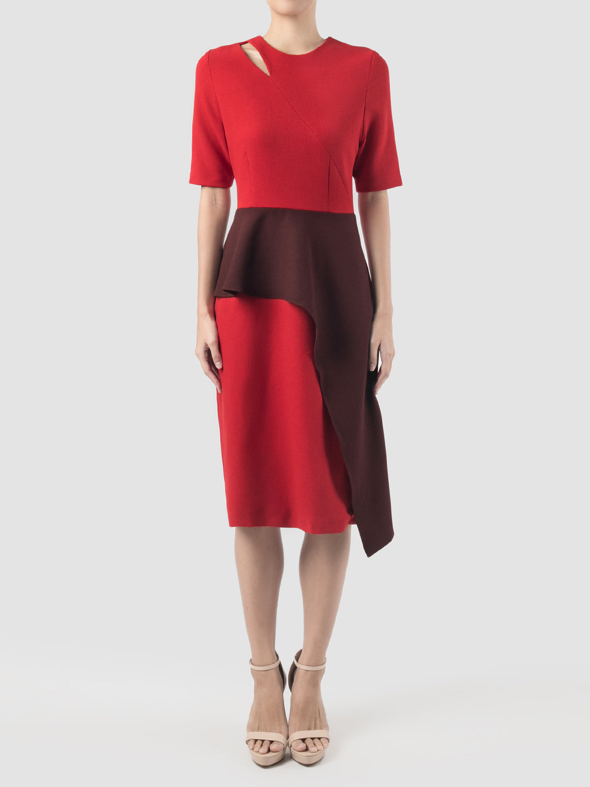 Coty red dress with contrasting burnt maroon peplum Coty red dress with contrasting burnt maroon peplum