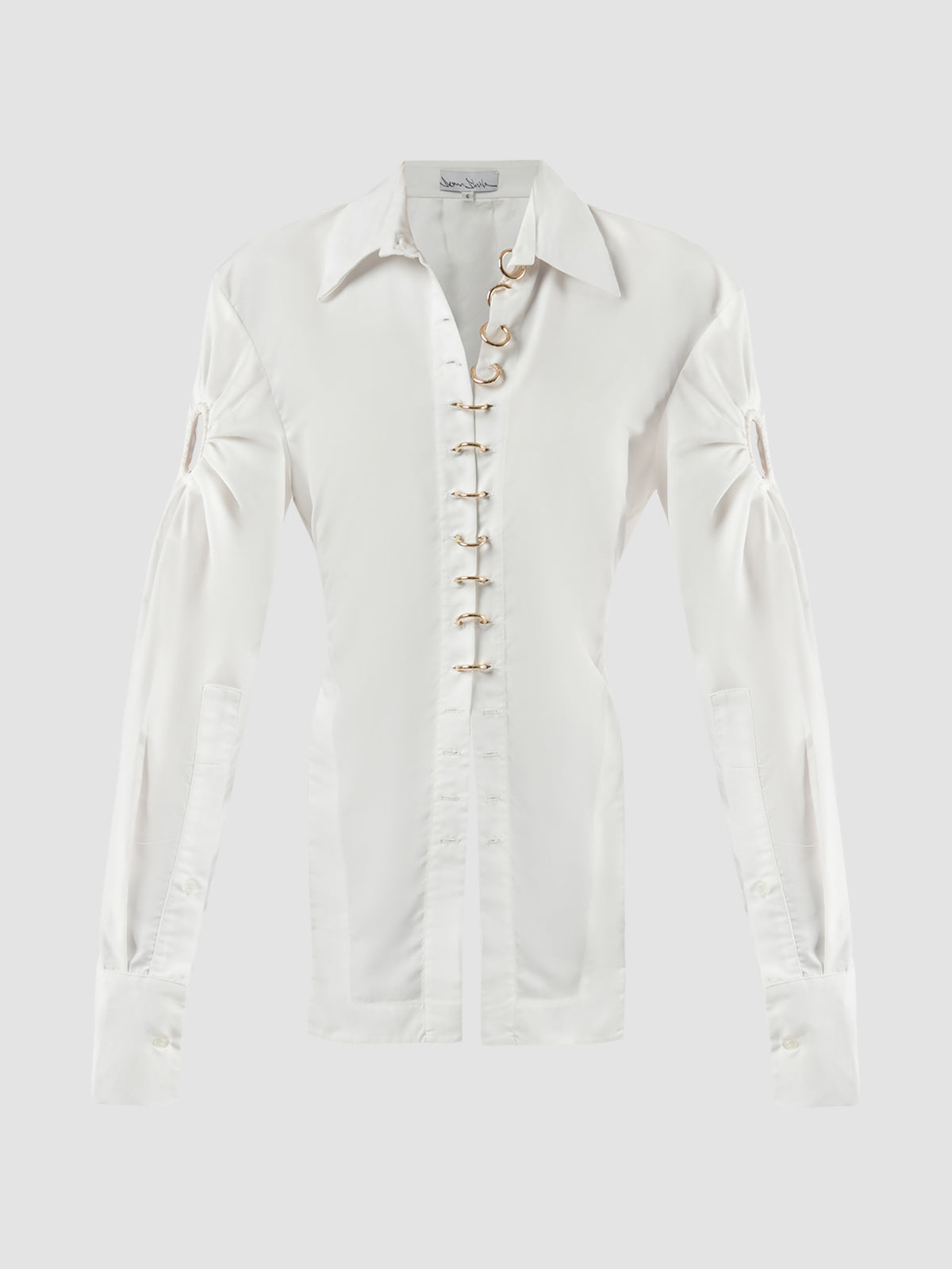 White tailored backless shirt with cutout sleeves