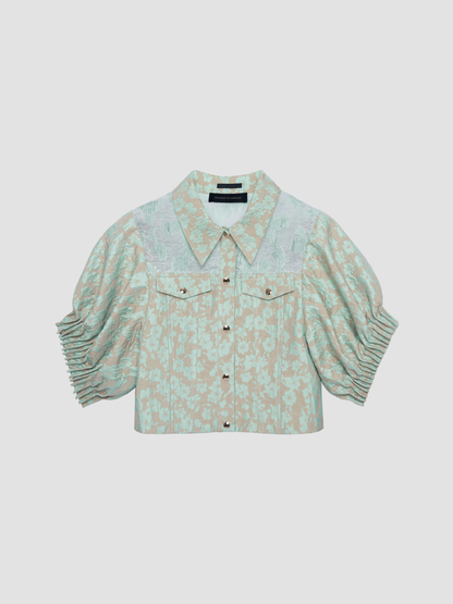 Sage Floral Gathered Cloque Cropped Shirt