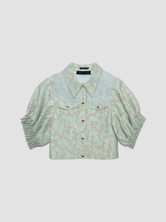 Sage Floral Gathered Cloque Cropped Shirt