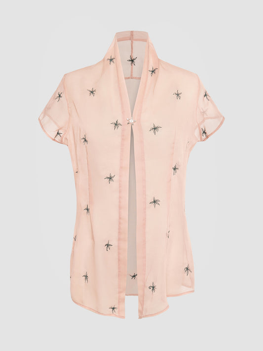 Pink cap-sleeved kebaya with forest green embroidery