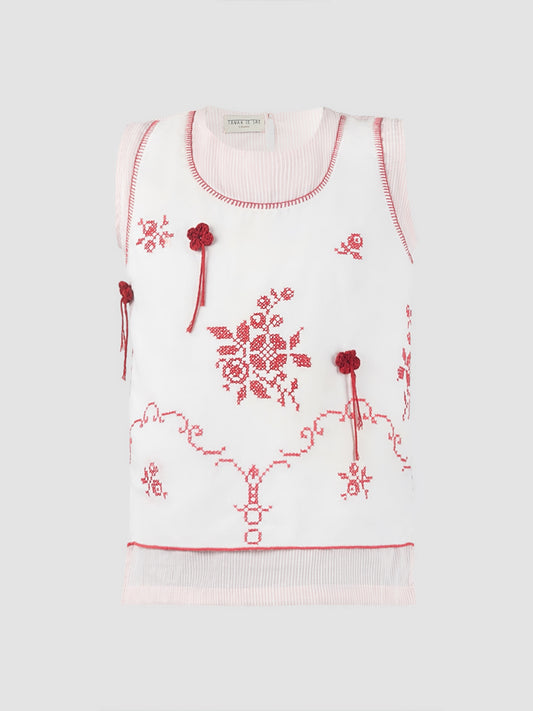 Pink knit double-layered floral tank top