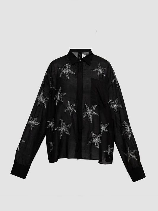 Embroidered Cotton Silk Shirt in Silver on Black