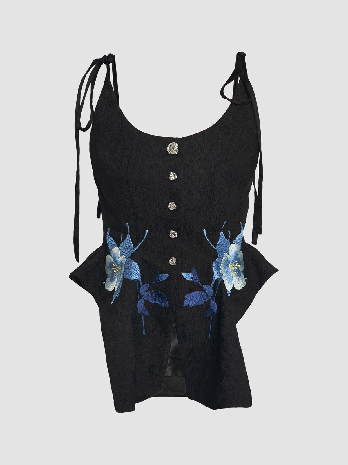 Black Jacquard Tank Top with Embroidery