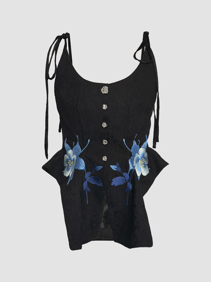 Black Jacquard Tank Top with Embroidery