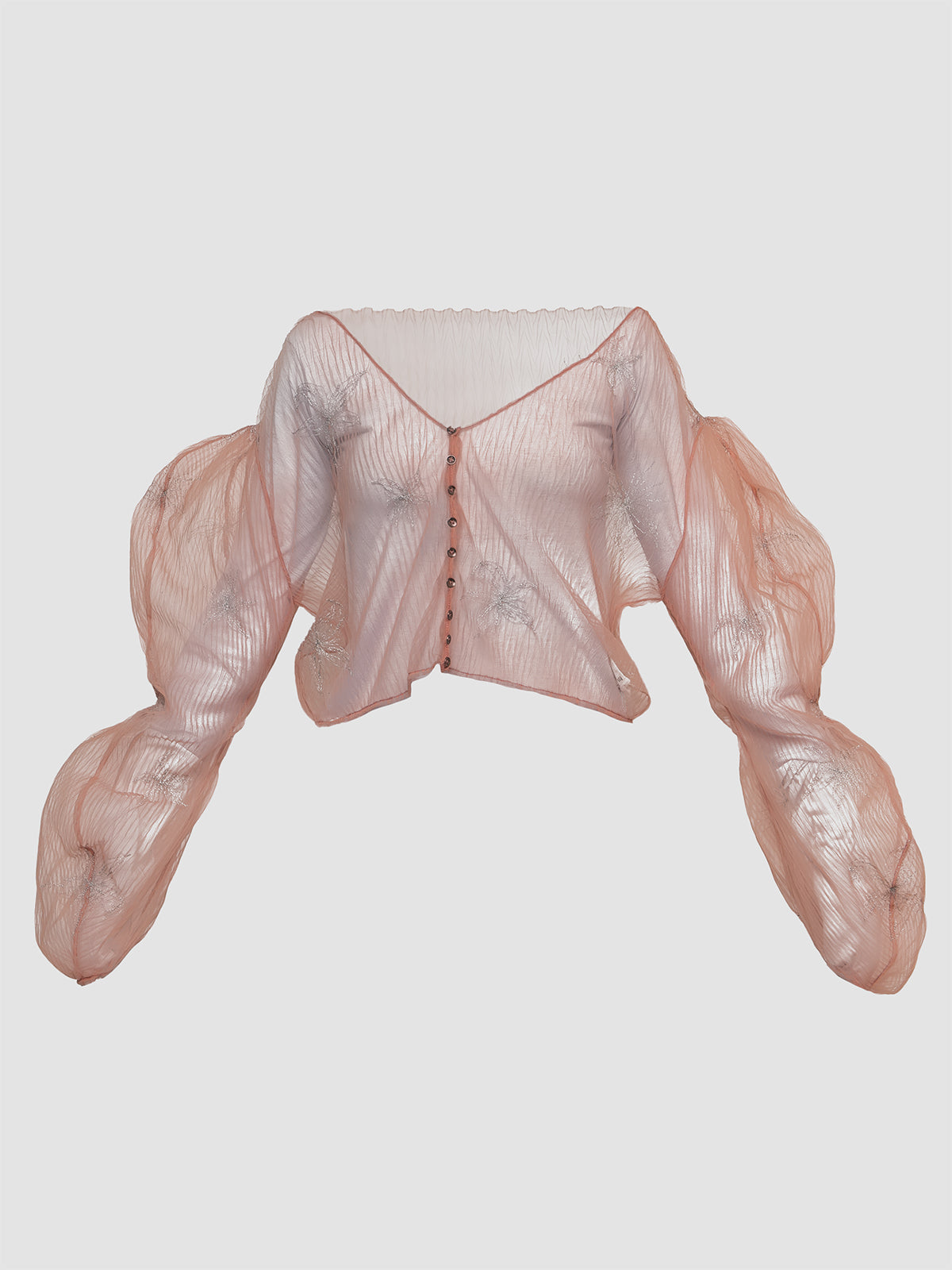 Pink with Purple Embroidery Sheer Gorden Structured Puffed Sleeve Top