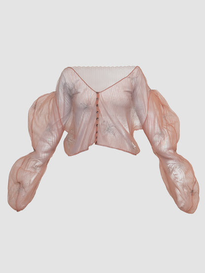 Pink with Purple Embroidery Sheer Gorden Structured Puffed Sleeve Top