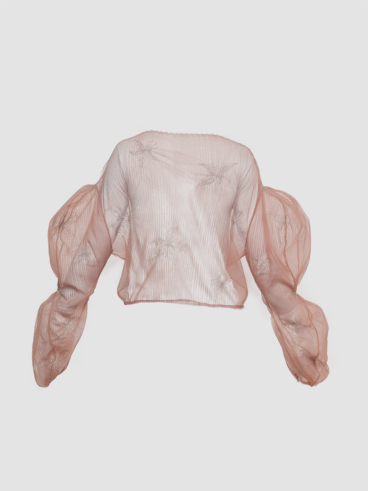 Pink with Purple Embroidery Sheer Gorden Structured Puffed Sleeve Top