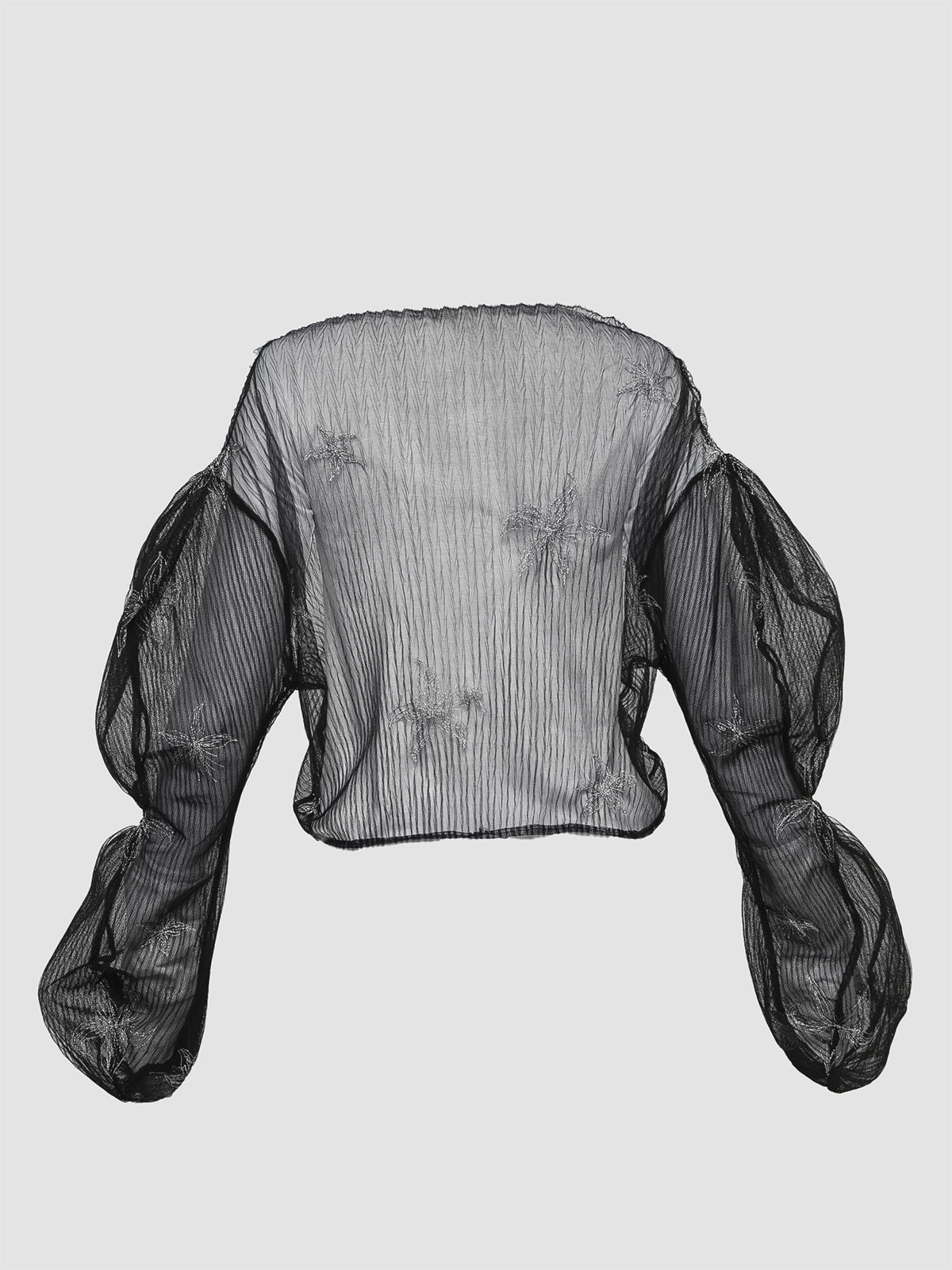 Black with Silver Embroidery Sheer Gorden Structured Puffed Sleeve Top