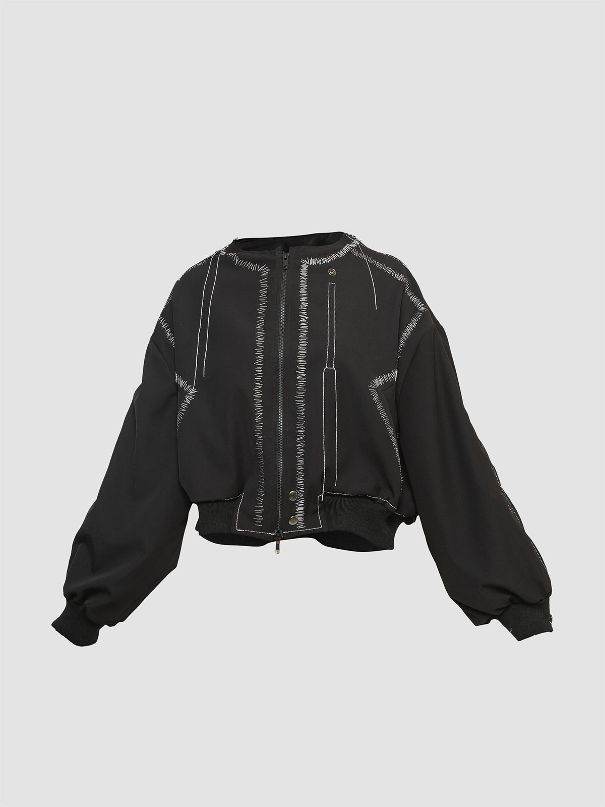 Black Deconstructed Bomber with Shoulder Zipper and Distressed Handstitch
