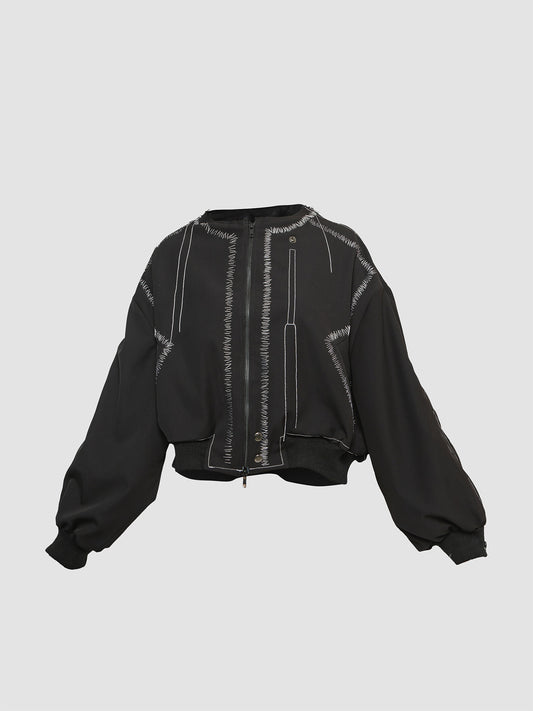 Black Deconstructed Bomber with Shoulder Zipper and Distressed Handstitch