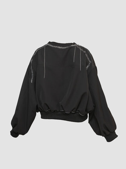 Black Deconstructed Bomber with Shoulder Zipper and Distressed Handstitch
