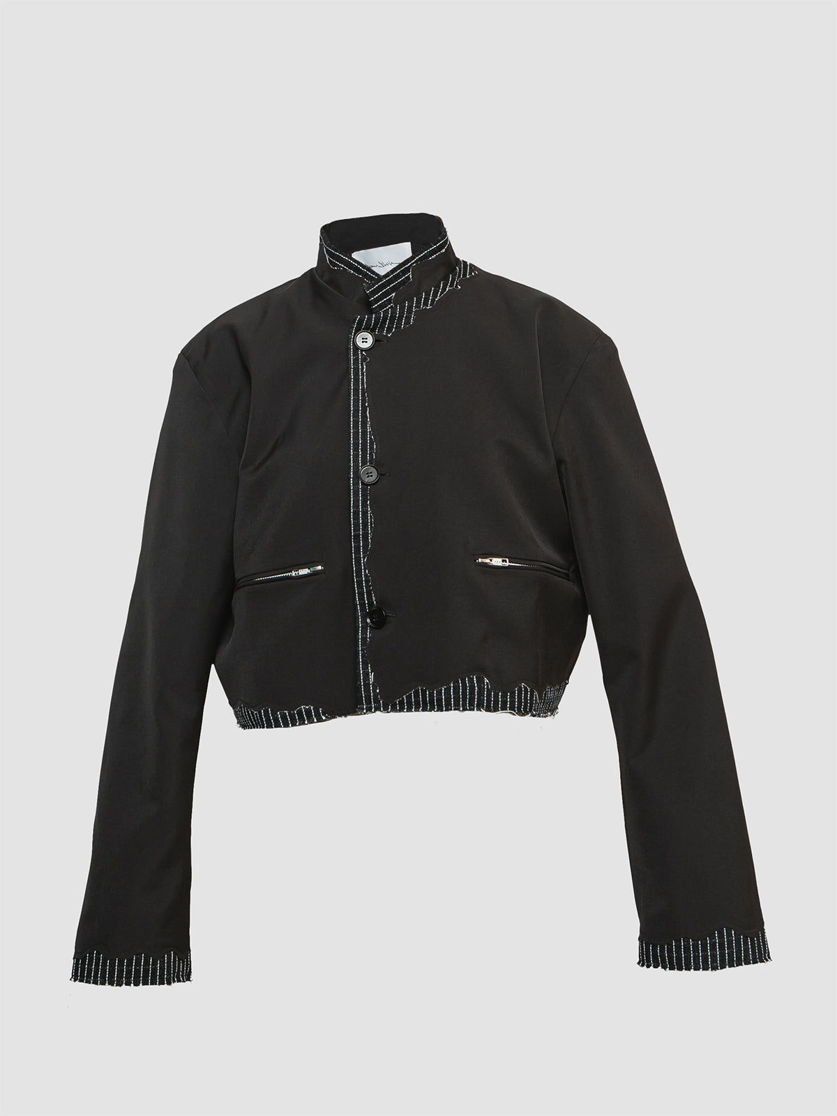 Black Tailored Distressed Beskap w/Striped Hem And Zipper Pockets