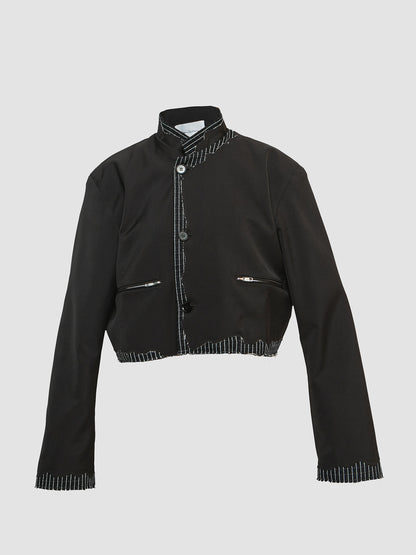 Black Tailored Distressed Beskap w/Striped Hem And Zipper Pockets