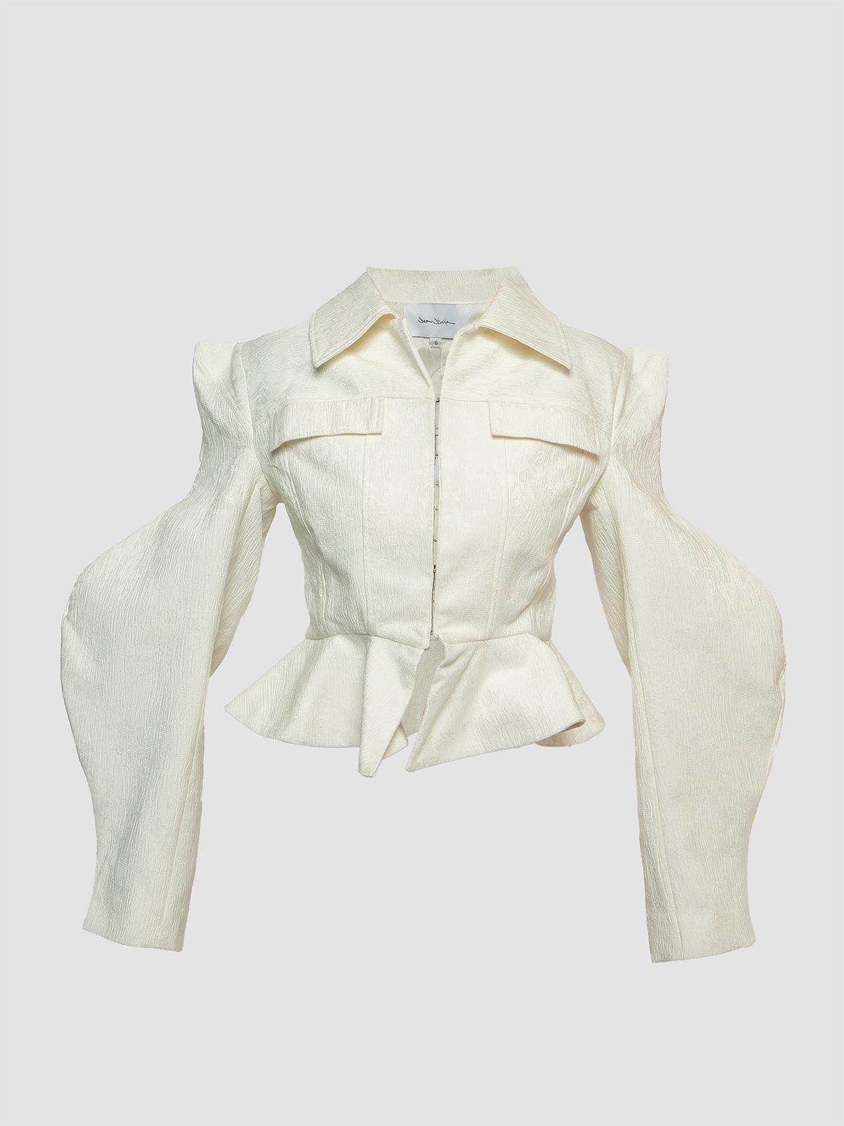 White Tailored Jacquard Jacket with Flared Hem and Structured Sleeves