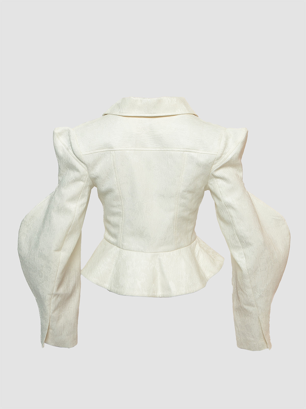White Tailored Jacquard Jacket with Flared Hem and Structured Sleeves