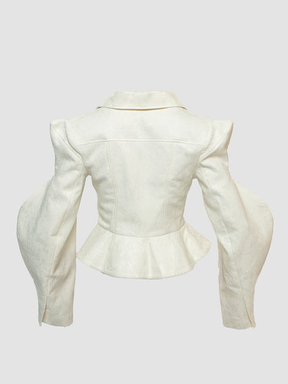 White Tailored Jacquard Jacket with Flared Hem and Structured Sleeves