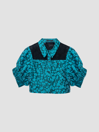 Teal Floral Gathered Sleeve Cloque Cropped Shirt