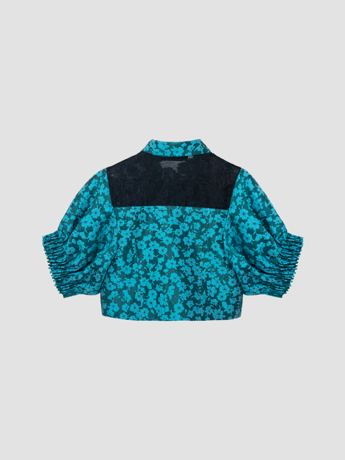 Teal Floral Gathered Sleeve Cloque Cropped Shirt
