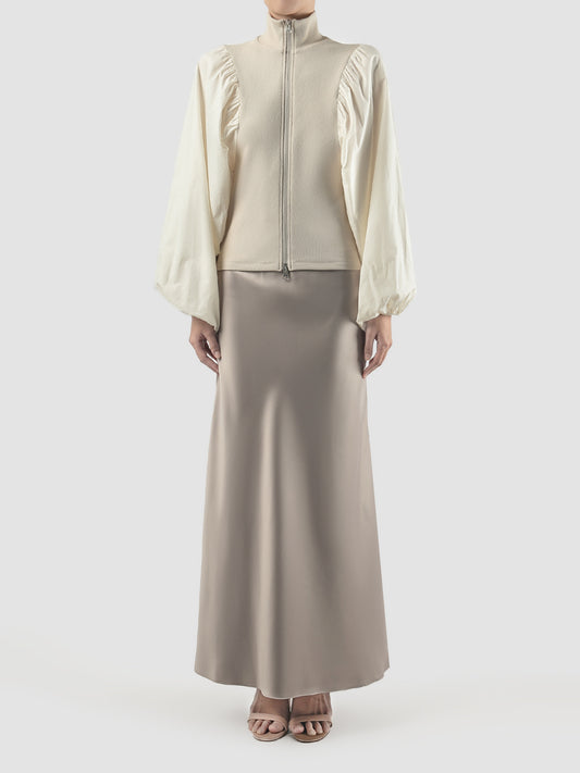 Beige ribbed mock neck zip up jacket
