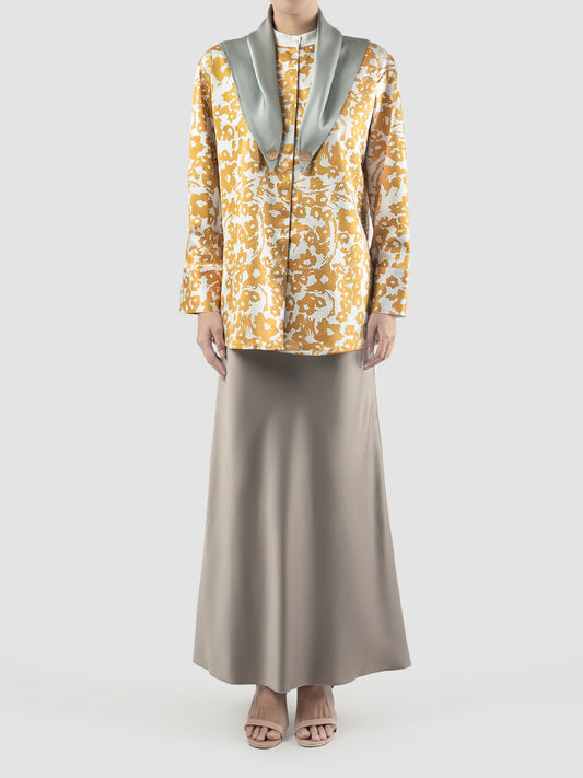 Gold Vida draped long-sleeve blouse with flower pattern