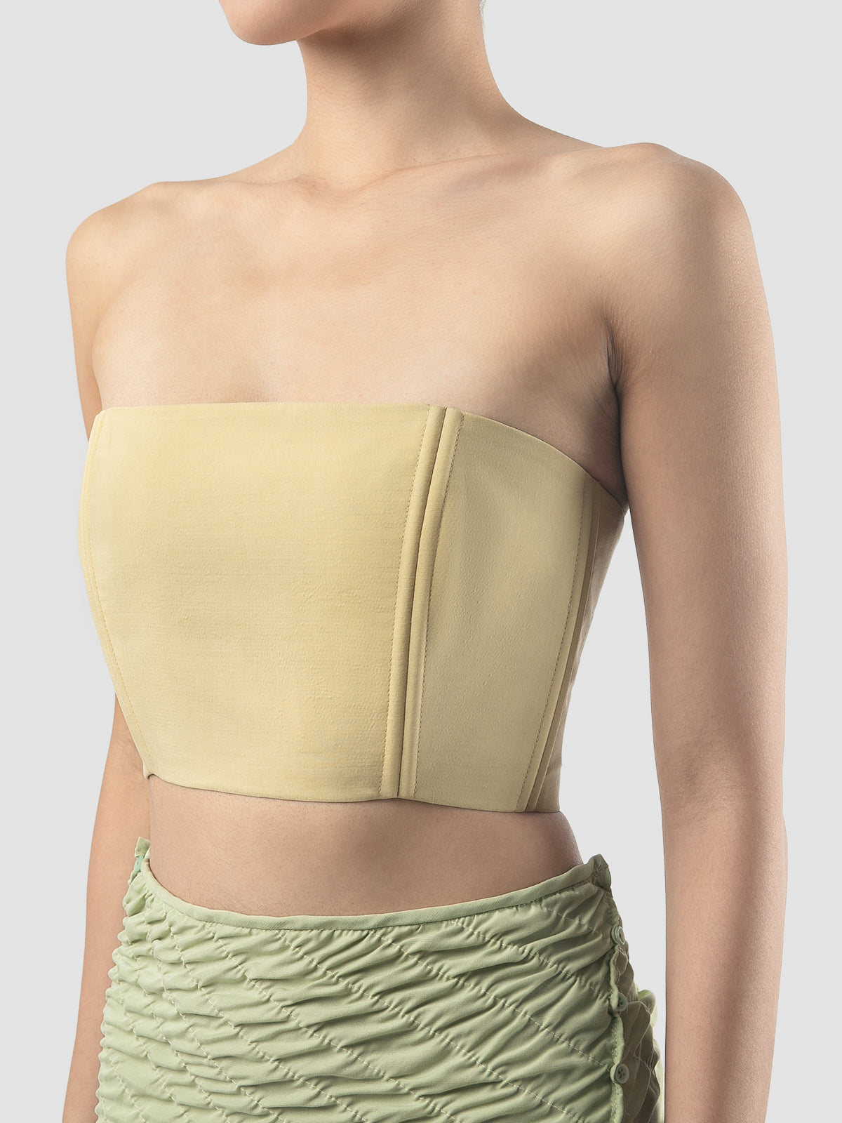 Powder yellow bustier bandeau with floral zipper