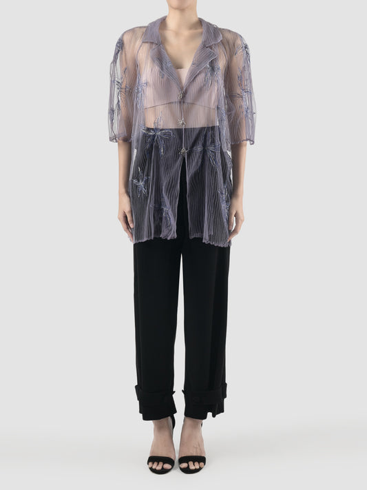 Gorden sheer lilac floral shirt with lilac-silver embroidery