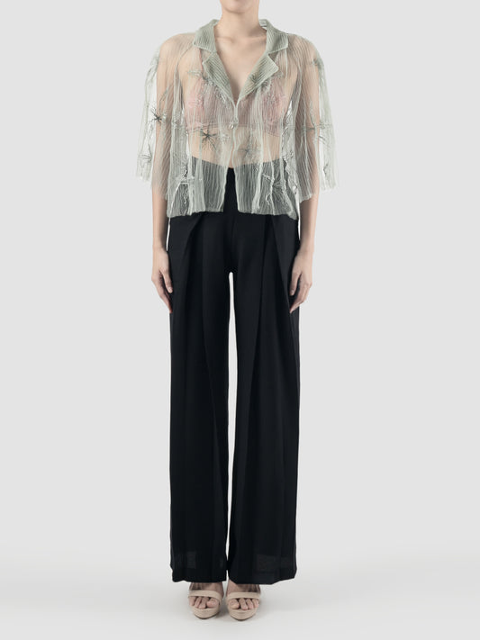 Gorden sheer green cropped shirt with green-silver embroidery