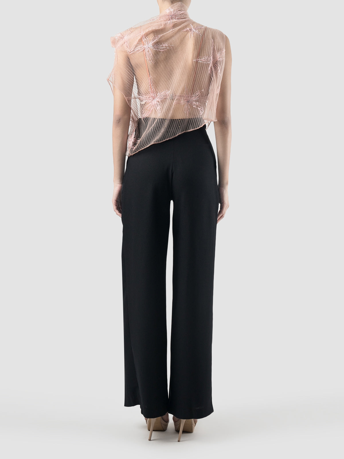 Gorden sheer pink high neck blouse with pink-silver embroidery