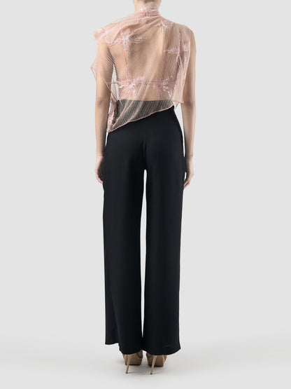 Gorden sheer pink high neck blouse with pink-silver embroidery