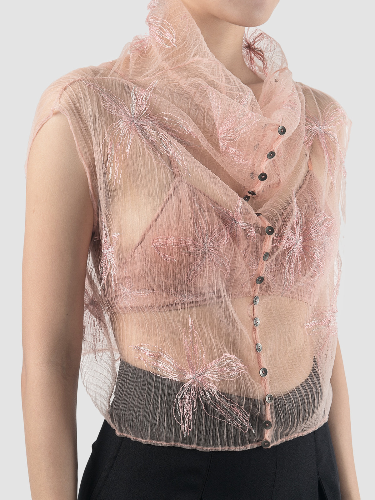 Gorden sheer pink high neck blouse with pink-silver embroidery