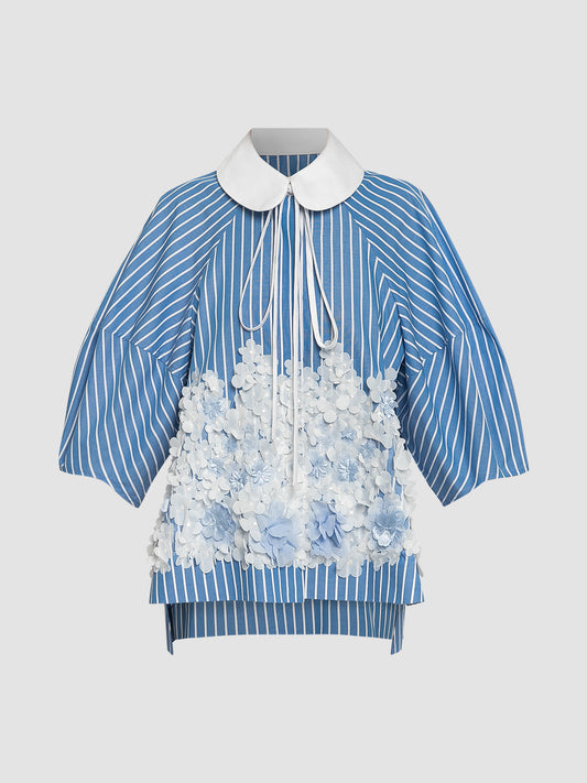 Blue Line White 3D Flower Collar Shirt