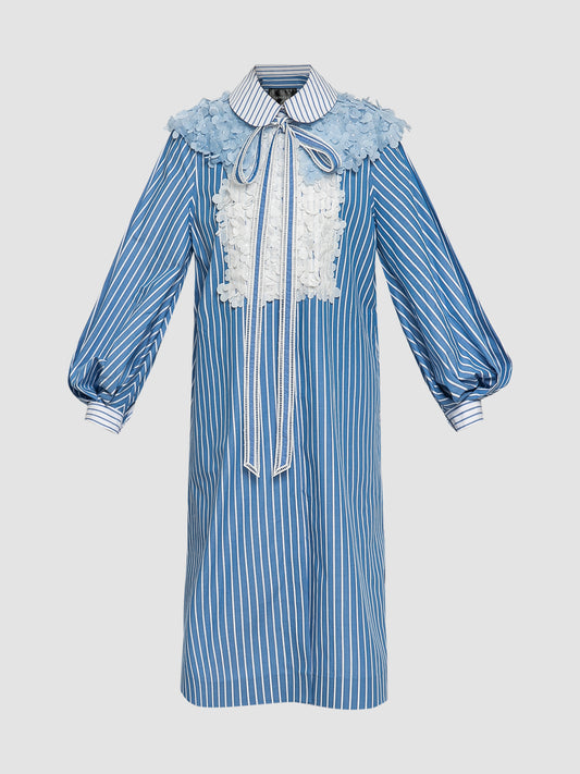 Blue stripes long-sleeved tunic with 3D flowers