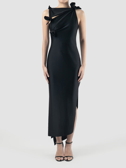 Black asymmetric flower gown