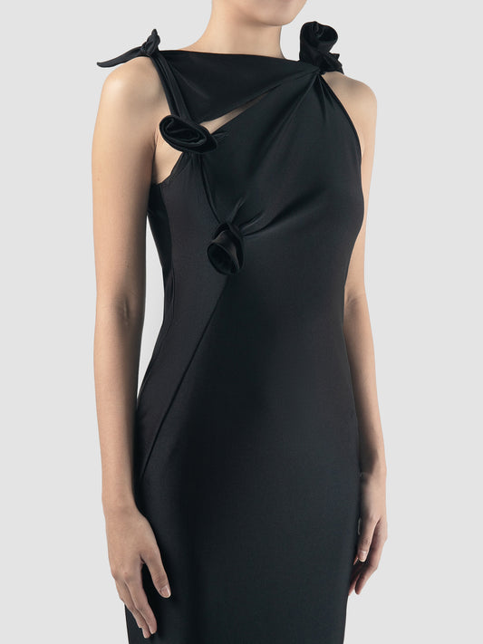 Black asymmetric flower gown