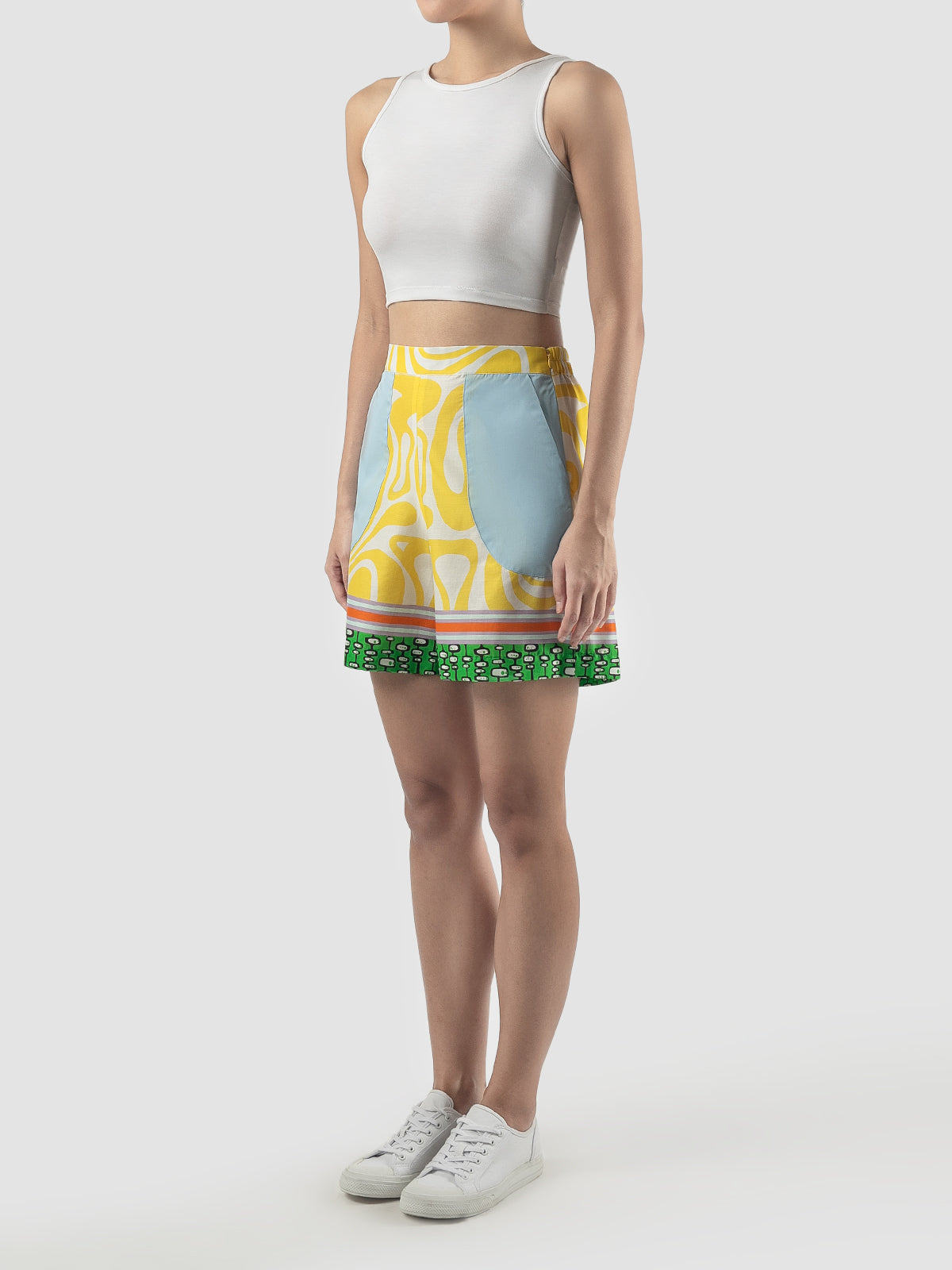 Yellow Edna shorts with swirl pattern