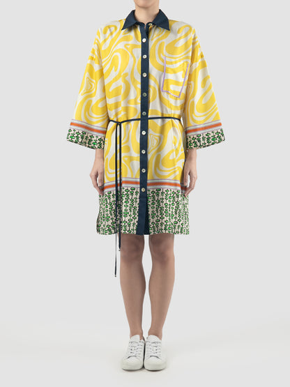 Yellow Althea shirt-dress with swirl pattern