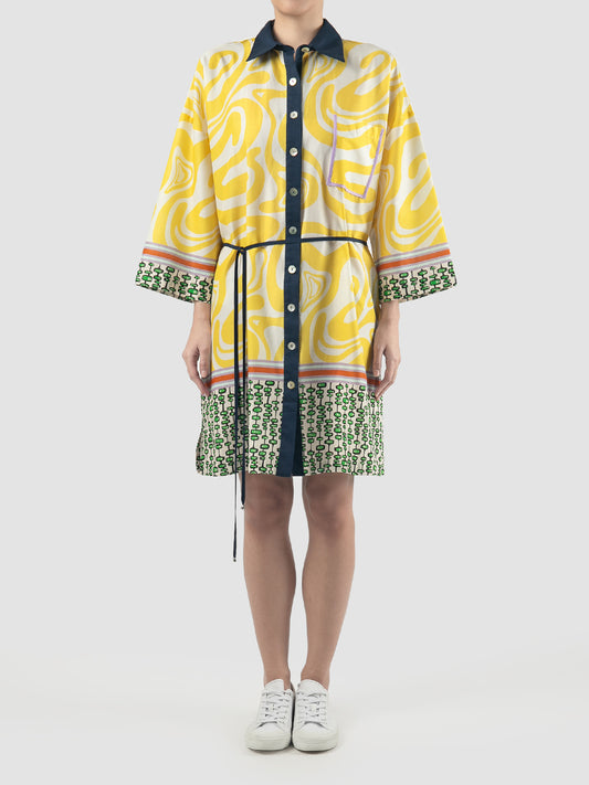 Yellow Althea shirt-dress with swirl pattern