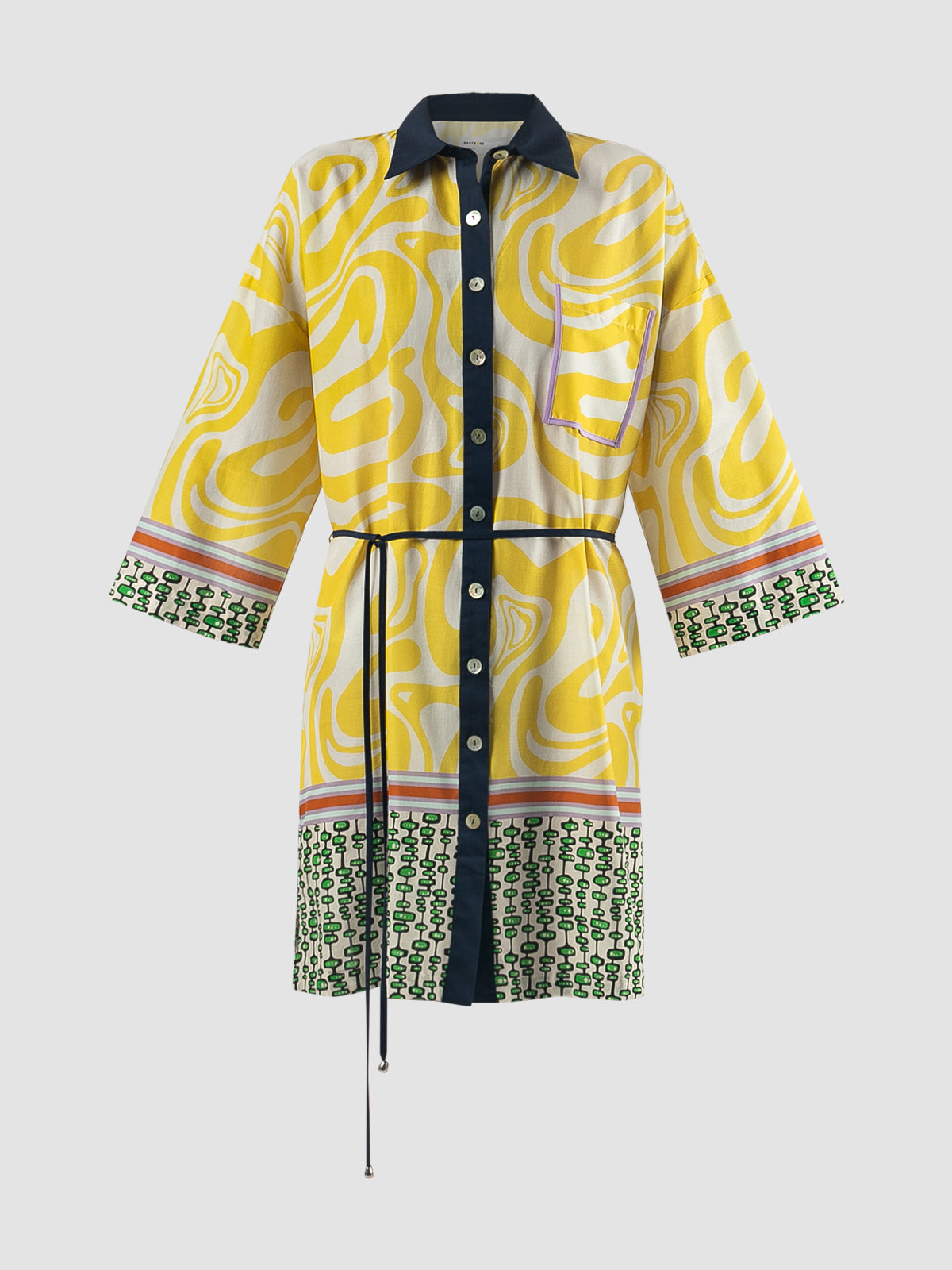 Yellow Althea shirt-dress with swirl pattern