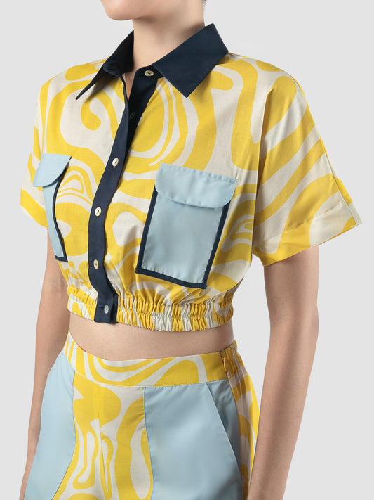 Yellow Edna crop shirt with swirl pattern