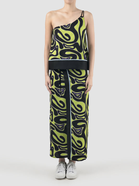 Green Lene one-shouldered top with Swirll pattern