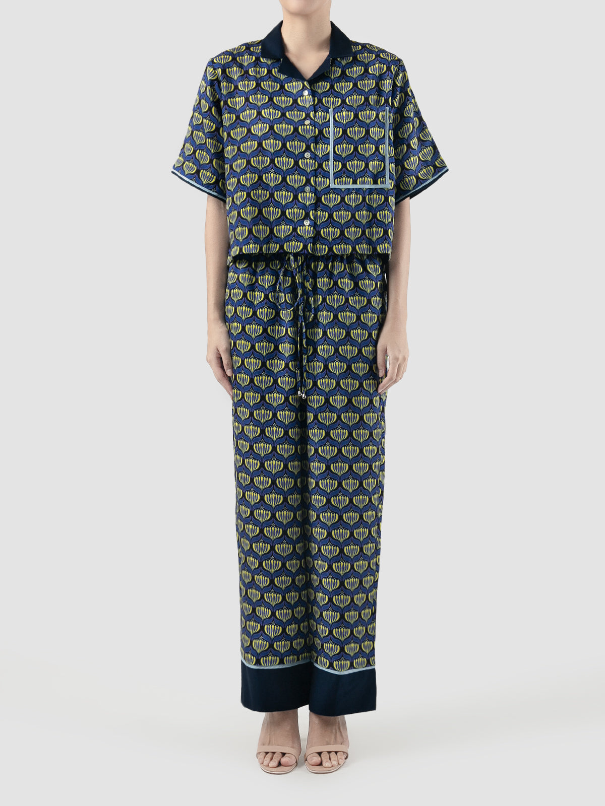 Navy Sana Lotus printed cropped shirt