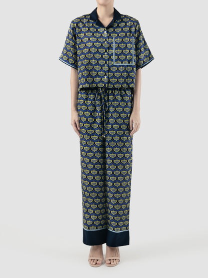 Navy Sana Lotus printed cropped shirt
