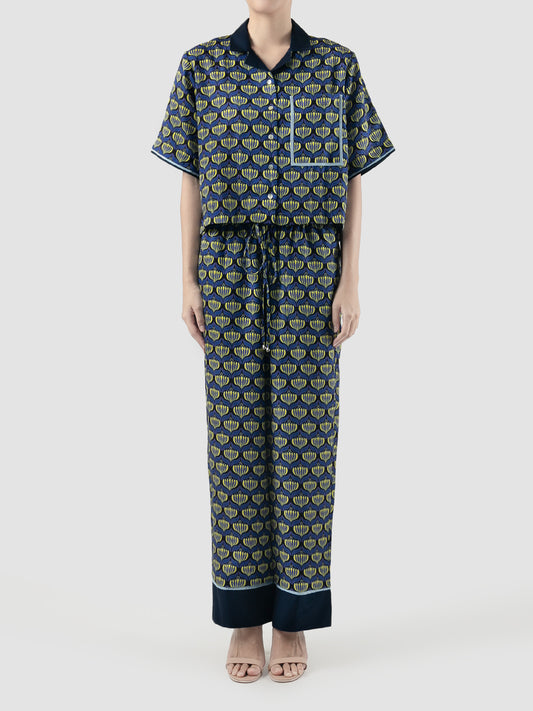 Navy Sana Lotus printed cropped shirt