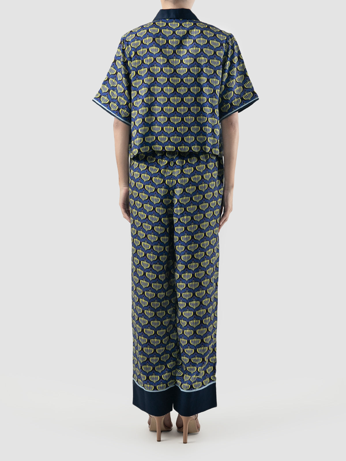 Navy Sana Lotus printed cropped shirt