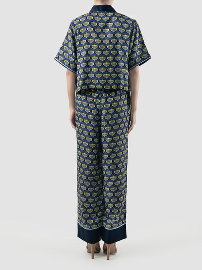 Navy Sana Lotus printed cropped shirt